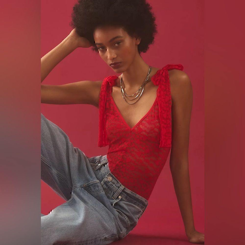 By Anthropologie Bow-Shoulder Flocked Heart Bodysuit Size M